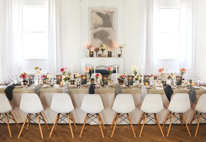 A table beautifully set for dinner at a bridal shower