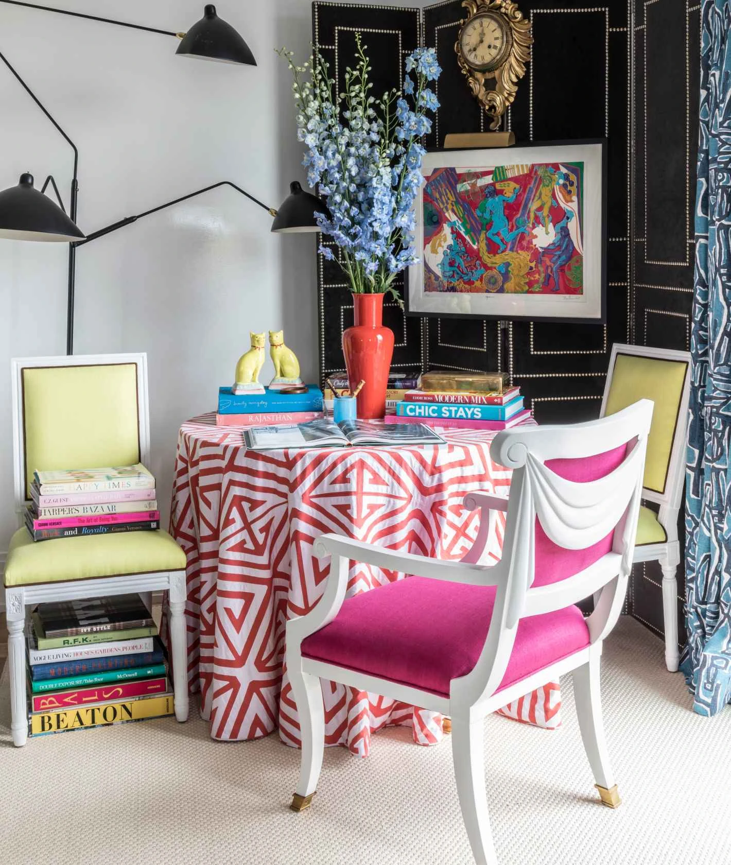 Colorful corner of a bedroom set with table and chair