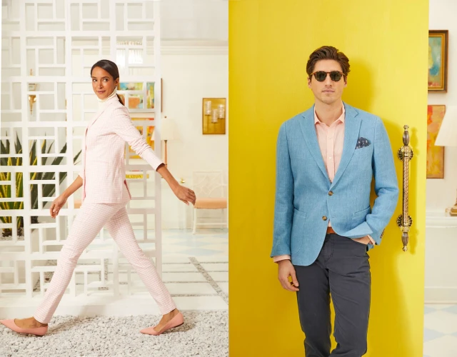 Male and female fashion models in a custom-built set