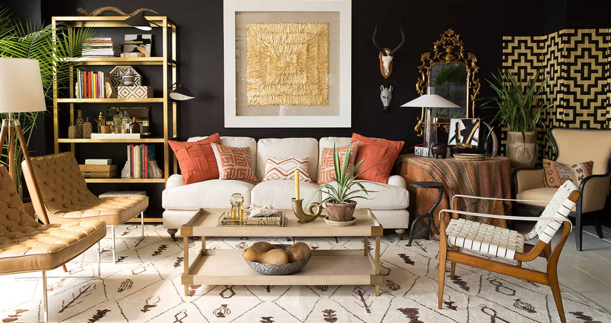 Living room set with black walls and African furnishings and decor