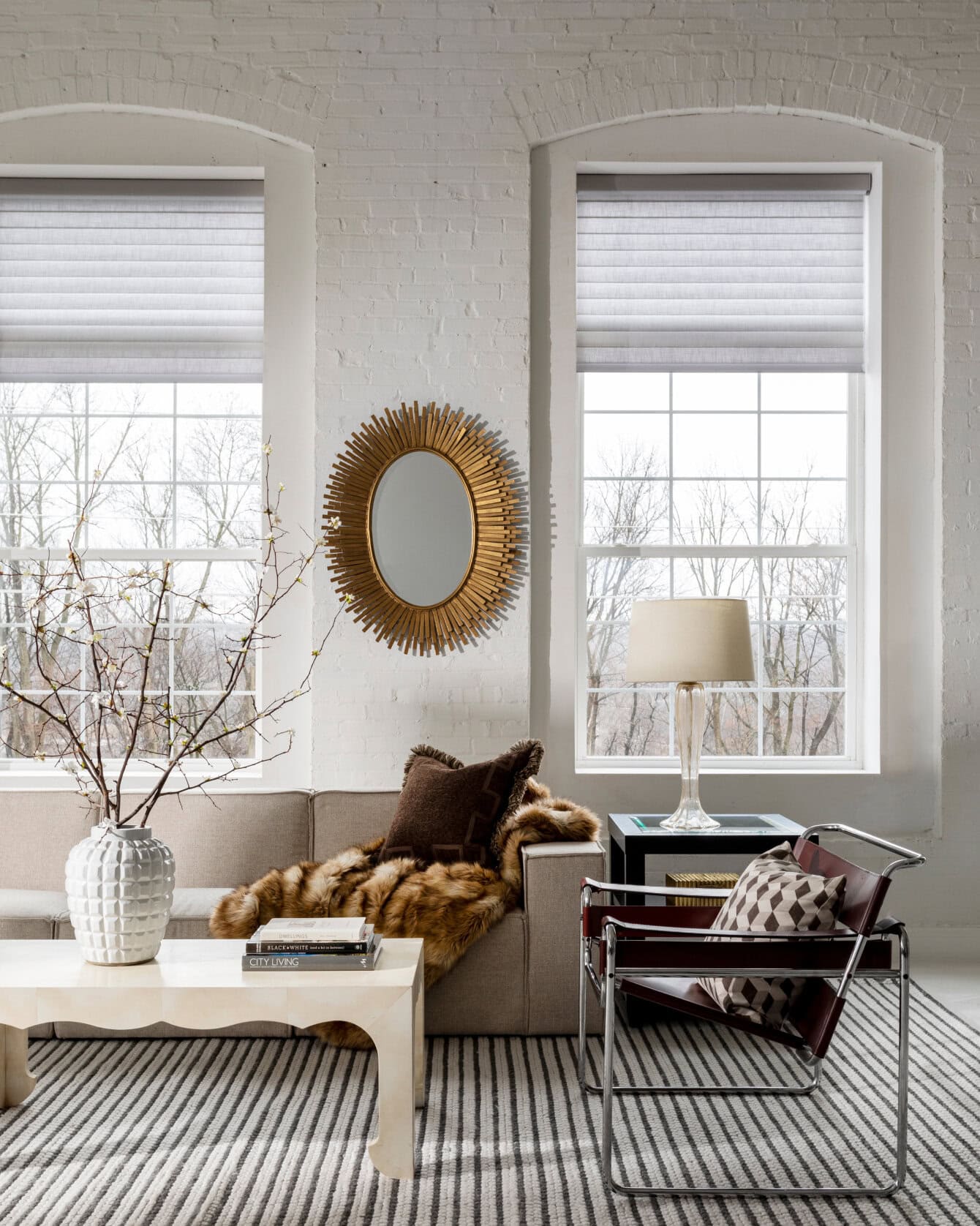 Living room set with motorized window shades