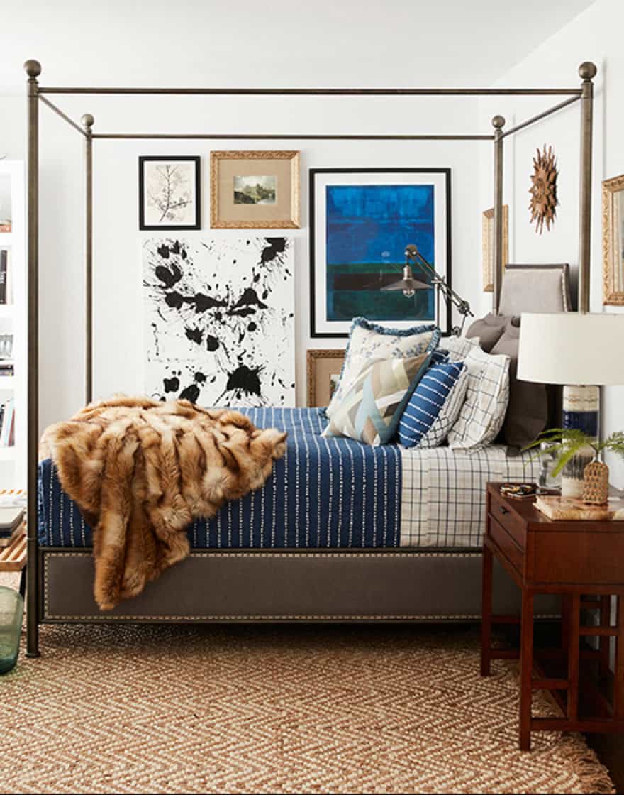 Bedroom set with gallery wall of modern prints