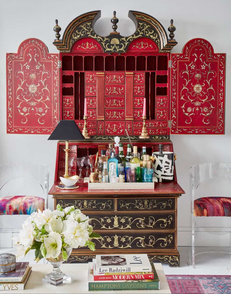 Red and black secretary bar display