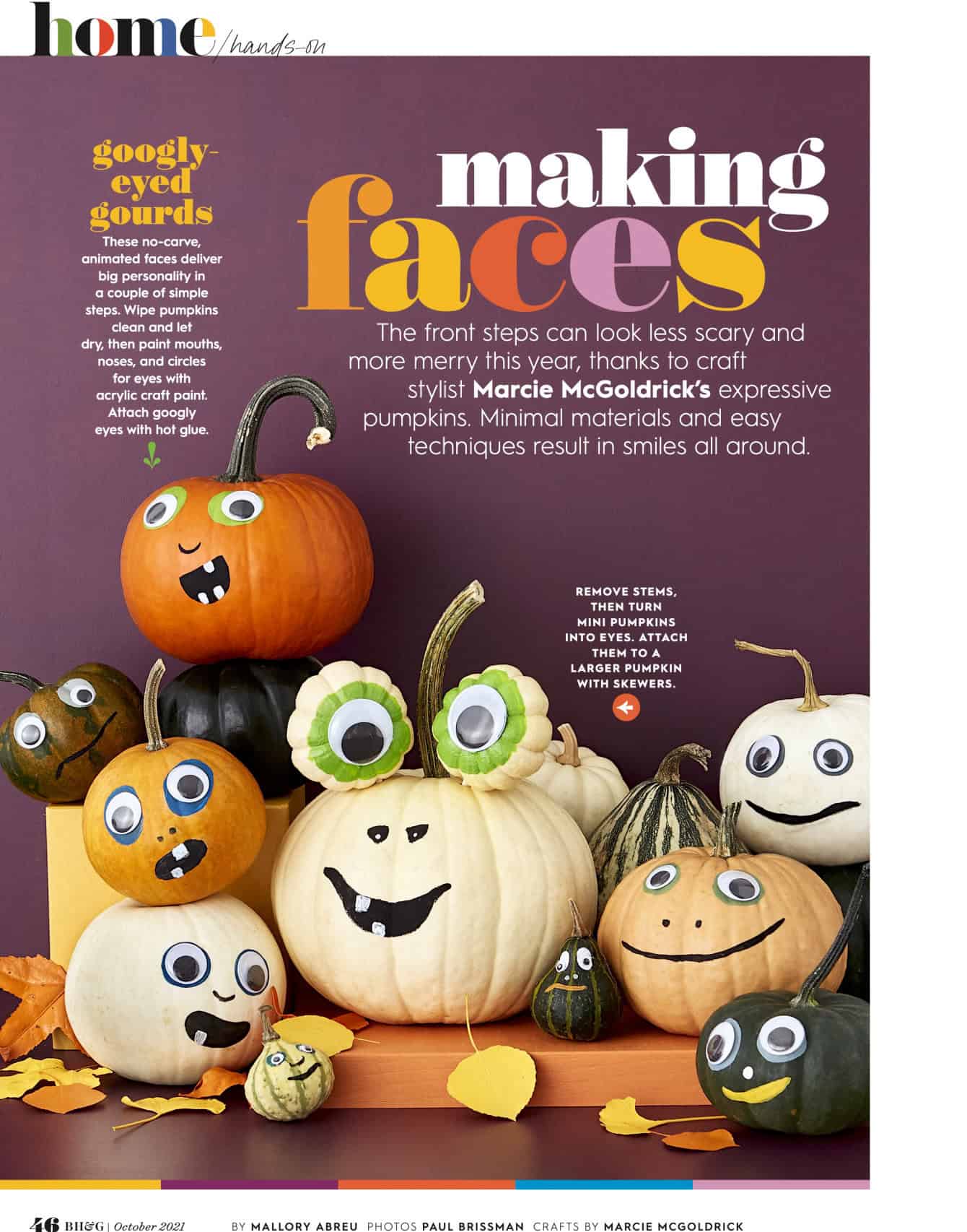 A variety of expressive pumpkin faces made from paint and googly eyes