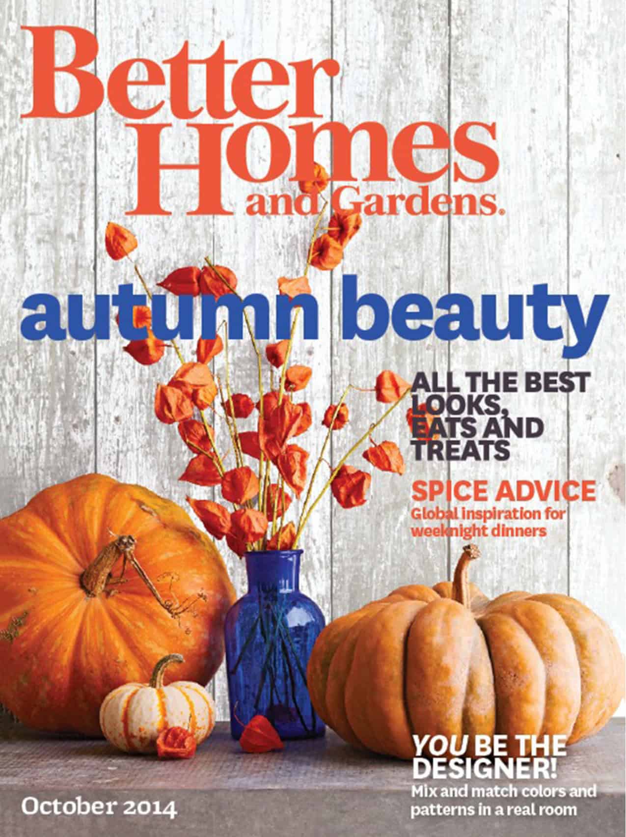 Cover of Better Homes & Gardens magazine with orange pumpkins and dried physalis in a cobalt blue bottle