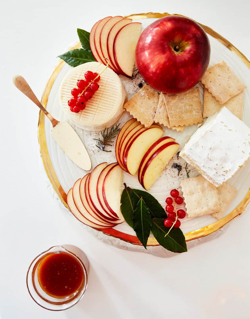 Overhead of cheese display with apples