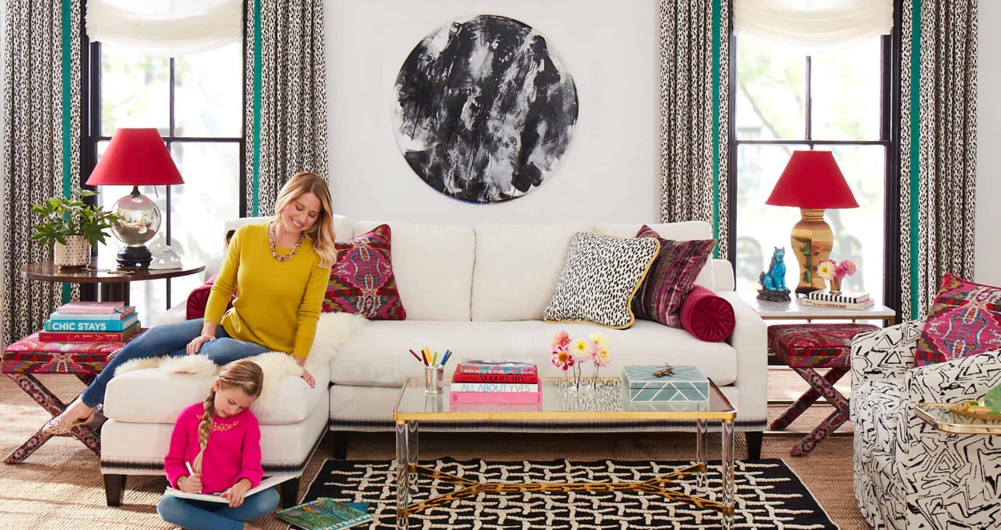 Living room set with floor-to-ceiling windows and mother and daughter models