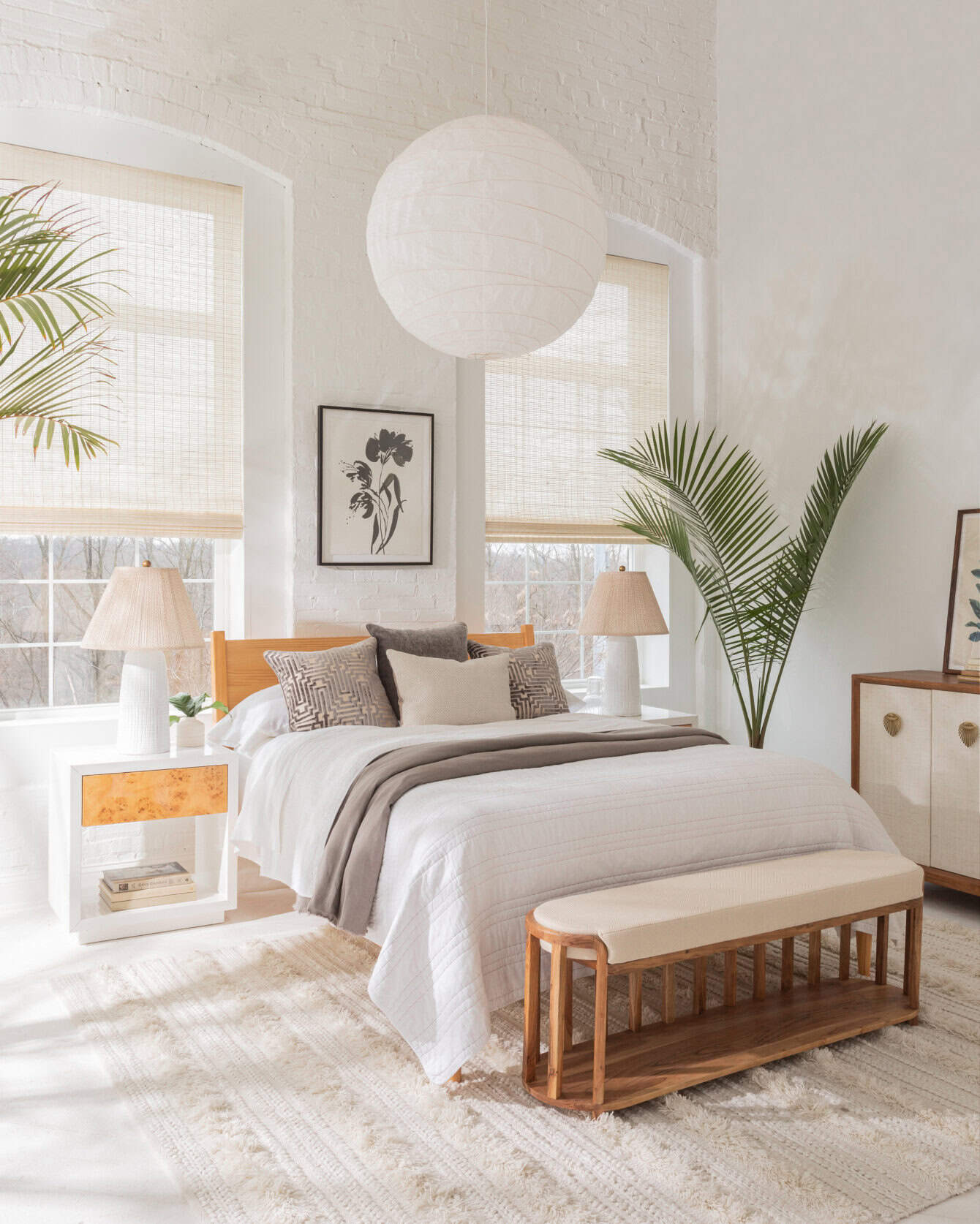 Bohemian-inspired bedroom set with motorized window shades