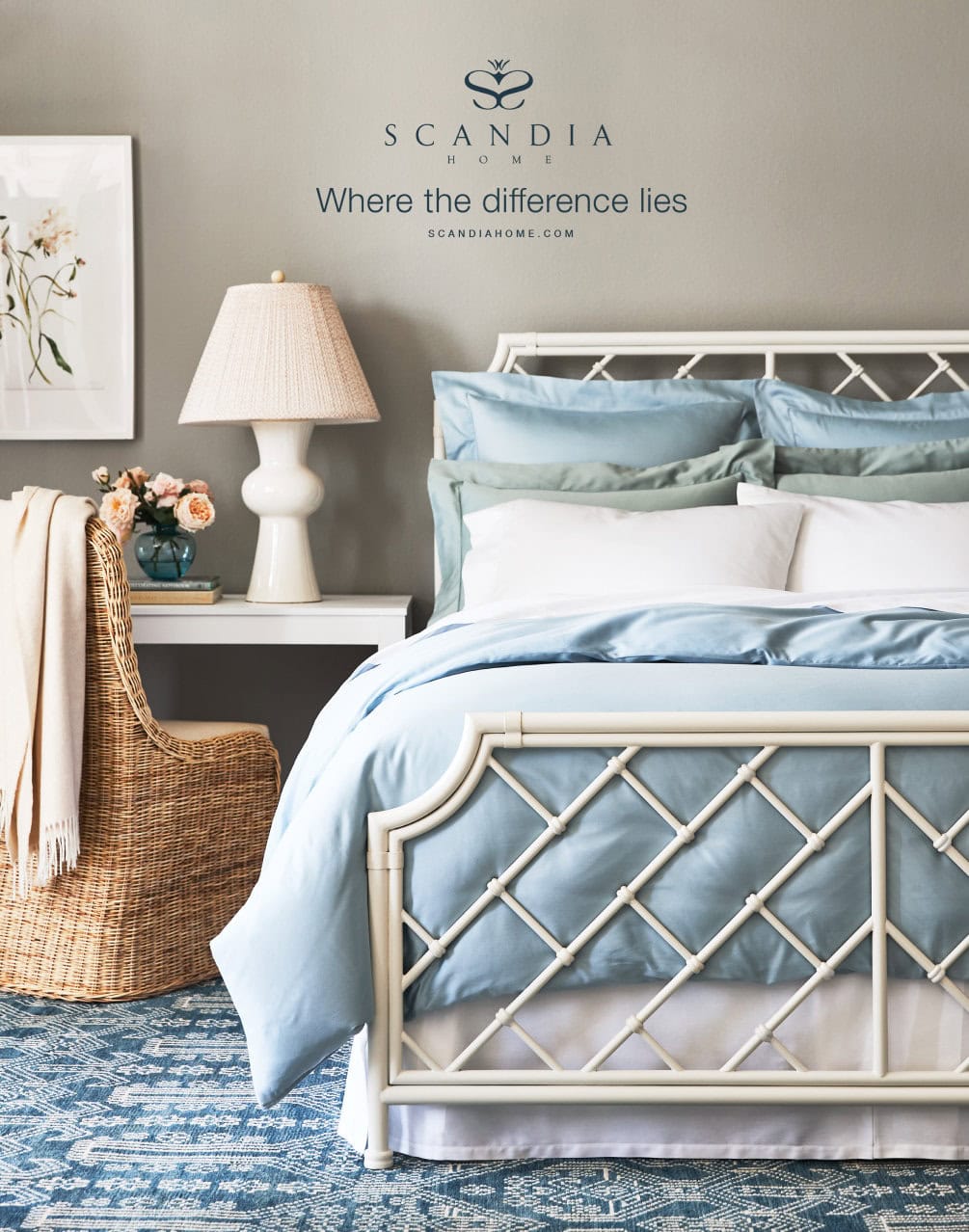 Print ad dowing blue-and-white bedroom set with lattice-back headboard