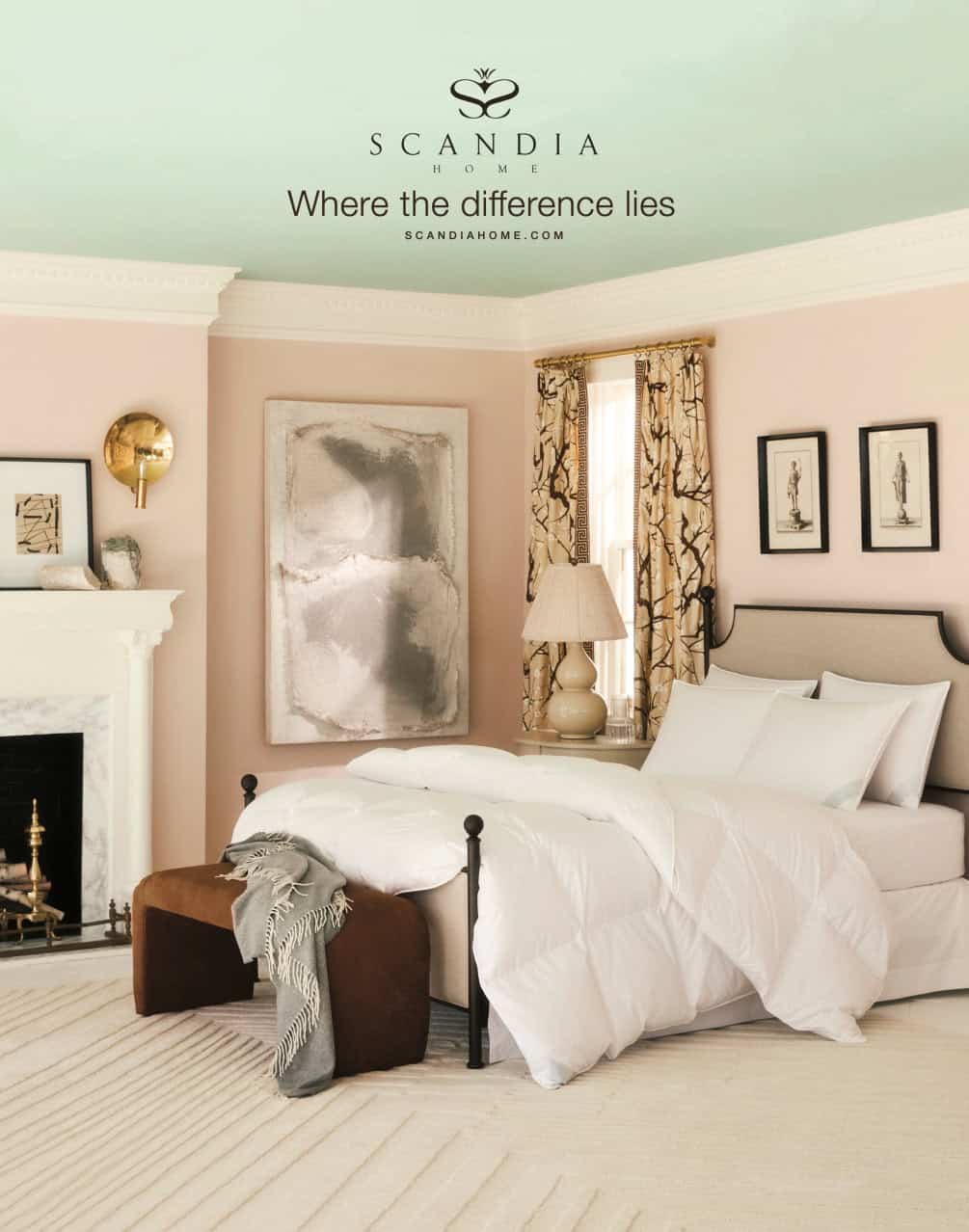 Print ad showing bedroom set with fireplace and blush pink walls