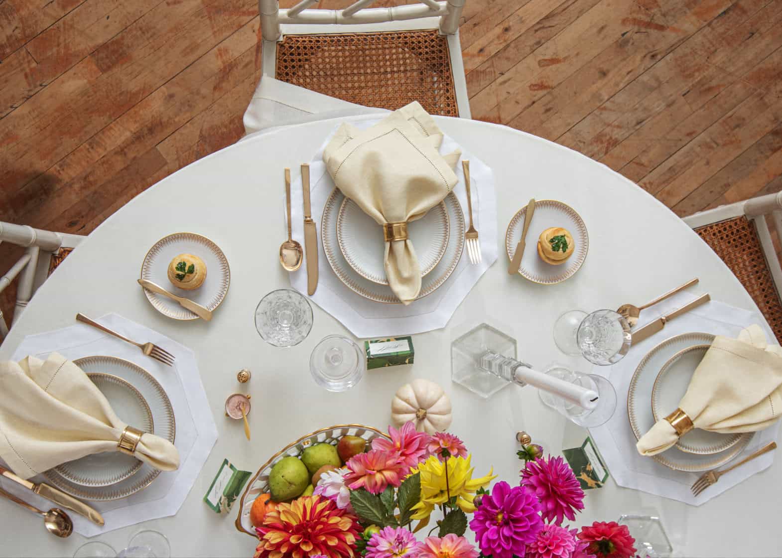 Overhead of round table with natural wood floors