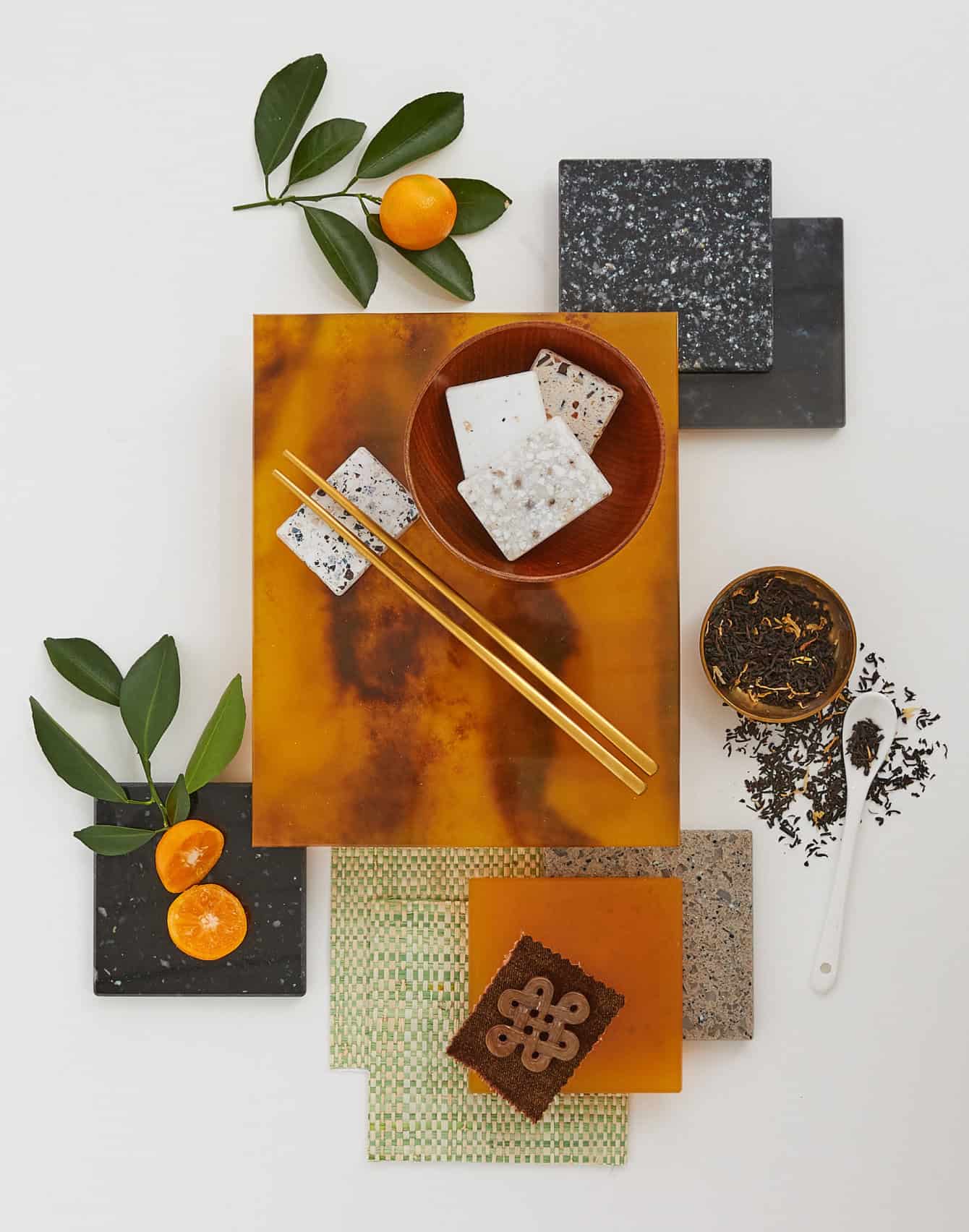 Overhead shot of architectural surfaces with tea house concept