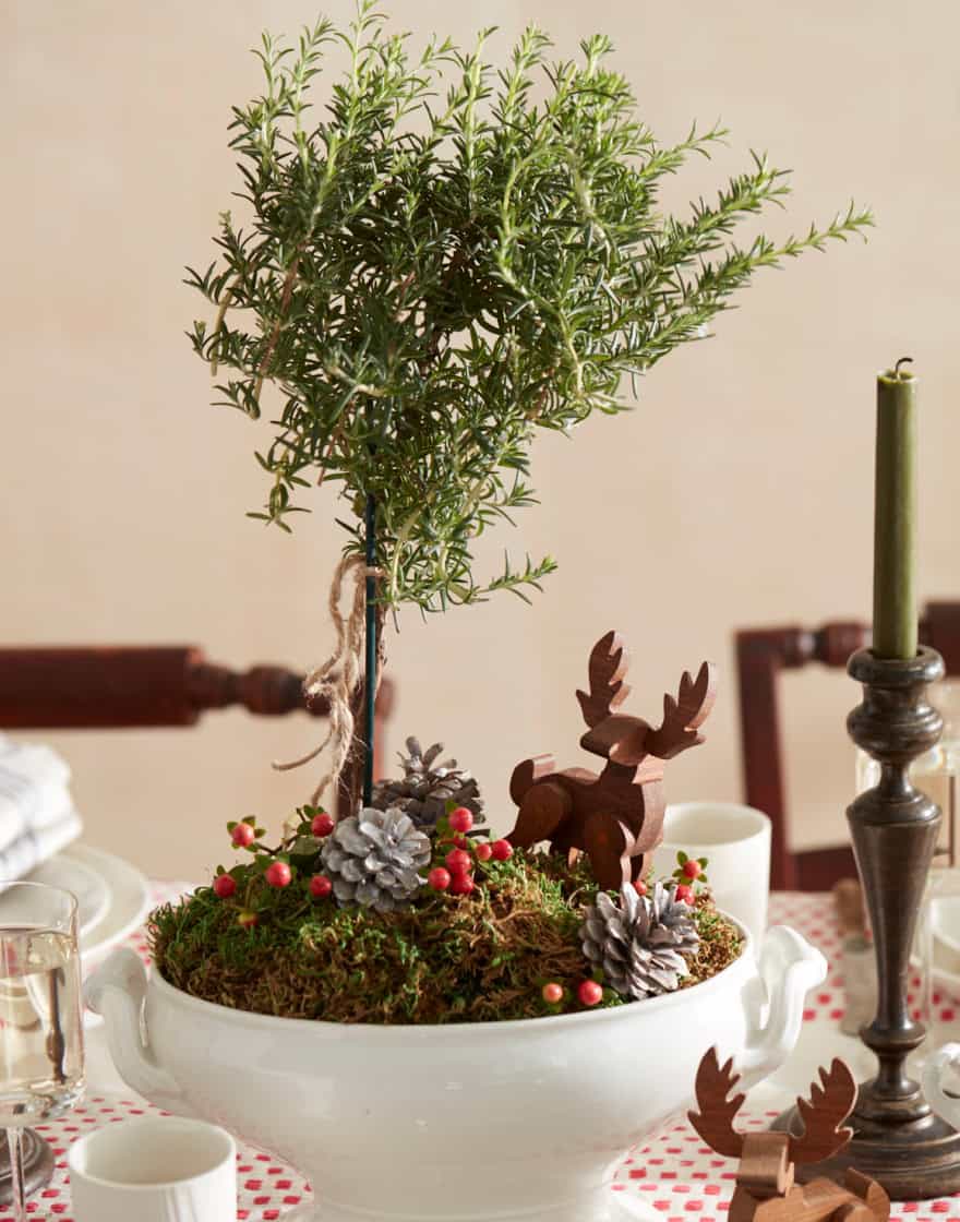 Topiary in ironstone compote with wooden reindeer figurine