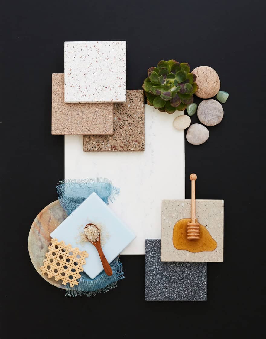 Overhead shot of architectural surfaces with interior design studio concept