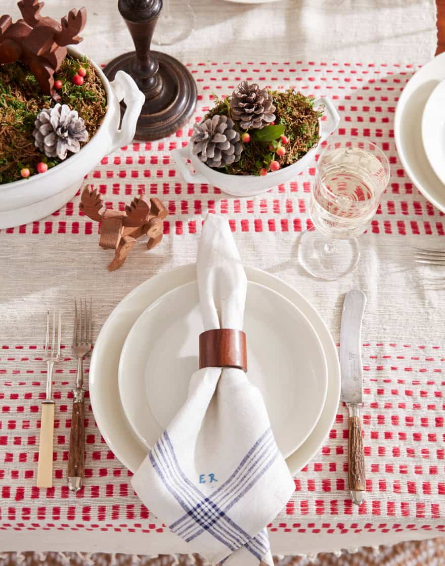 Overhead of red and white table setting