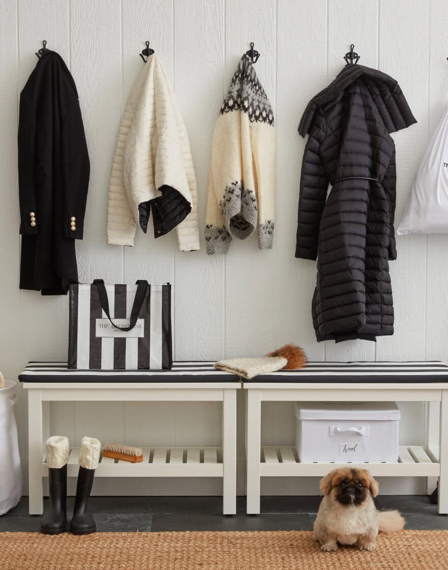 Mudroom set in black, white and grey with pekingese pup