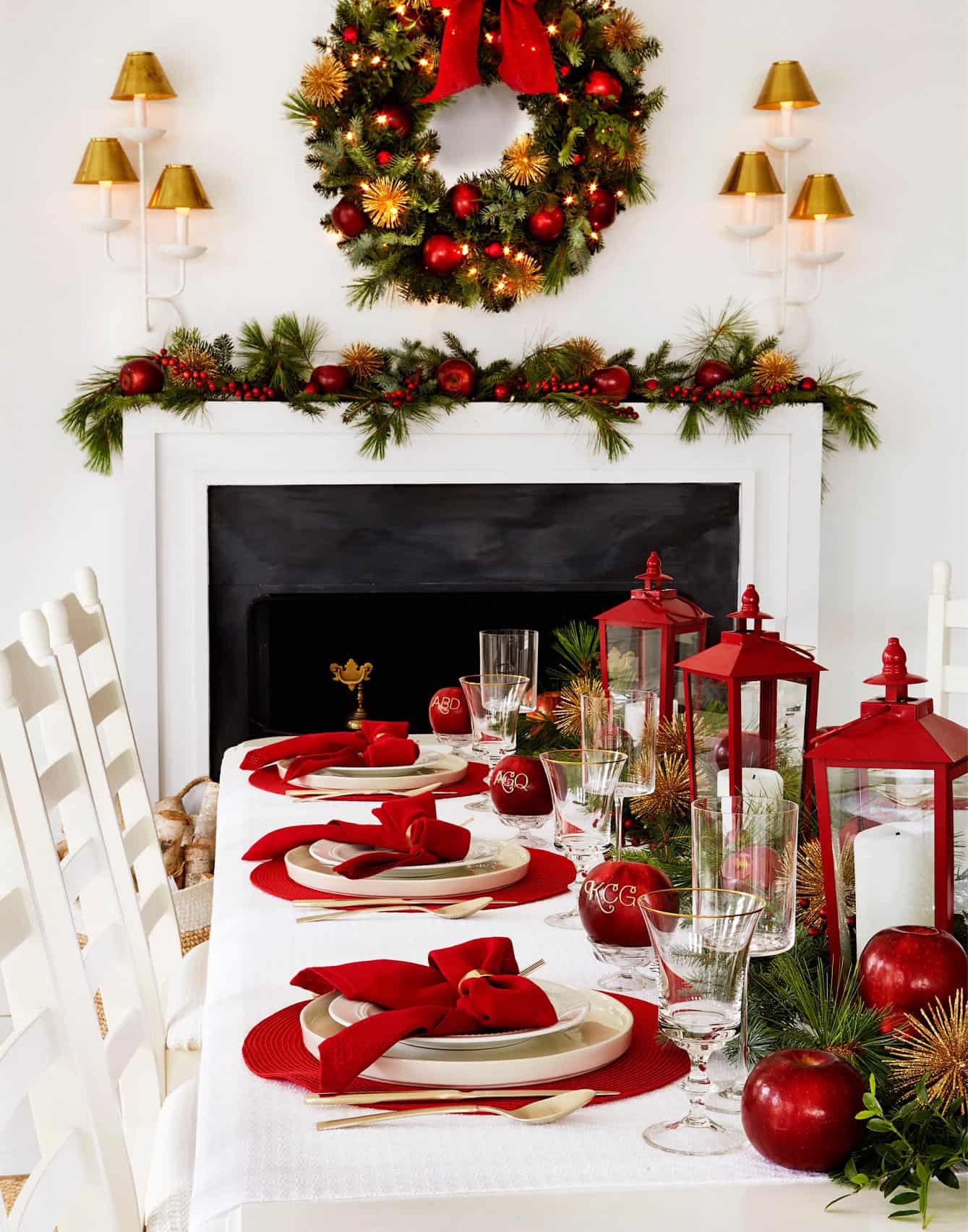 Dining room set with wreath, garland and table decorated with apples