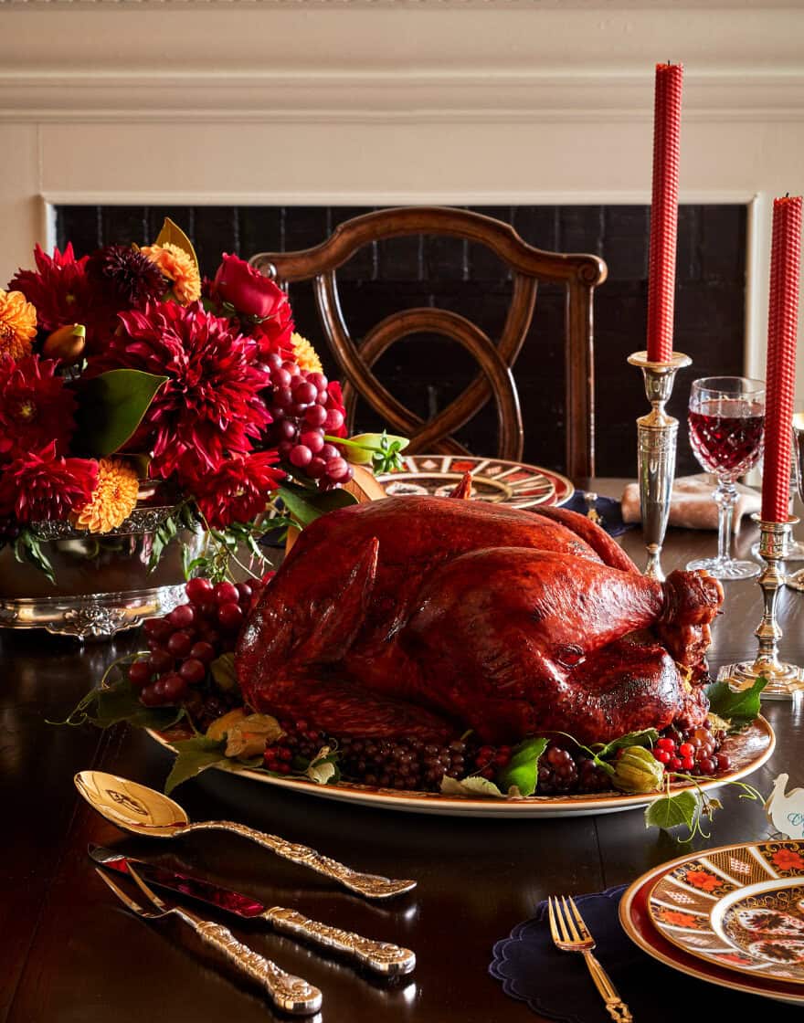 Dining room vignette with Thanksgiving turkey on a silver platter