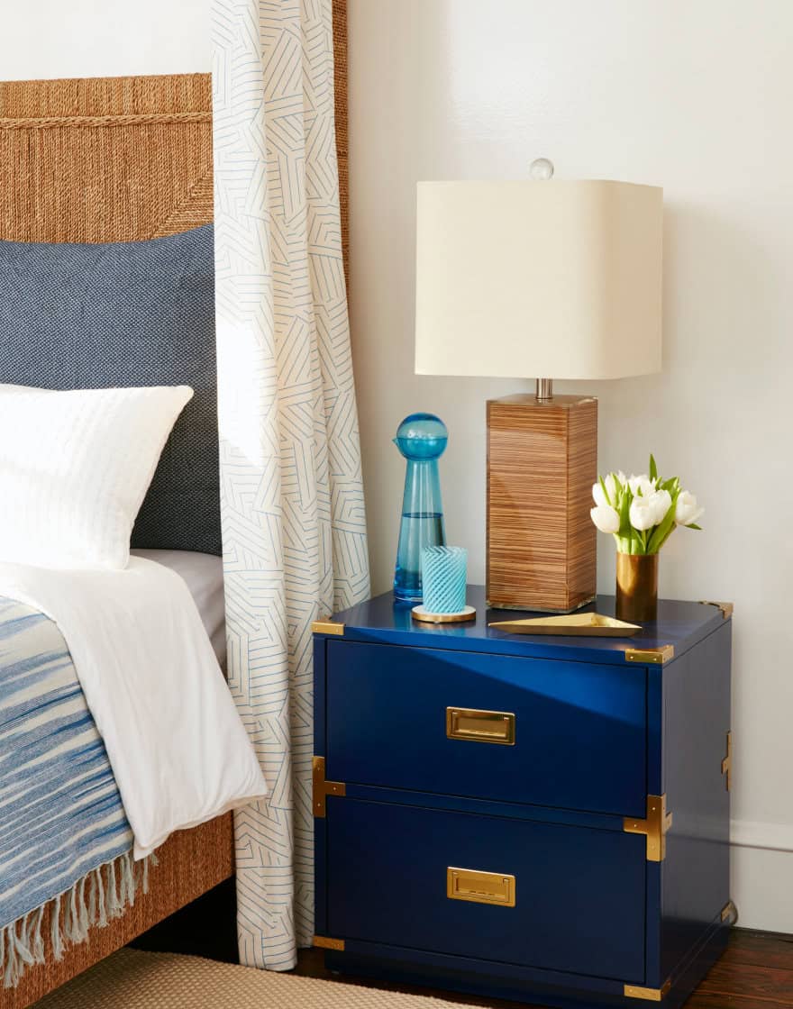 Table lamp vignette in coastal blue-and-white bedroom