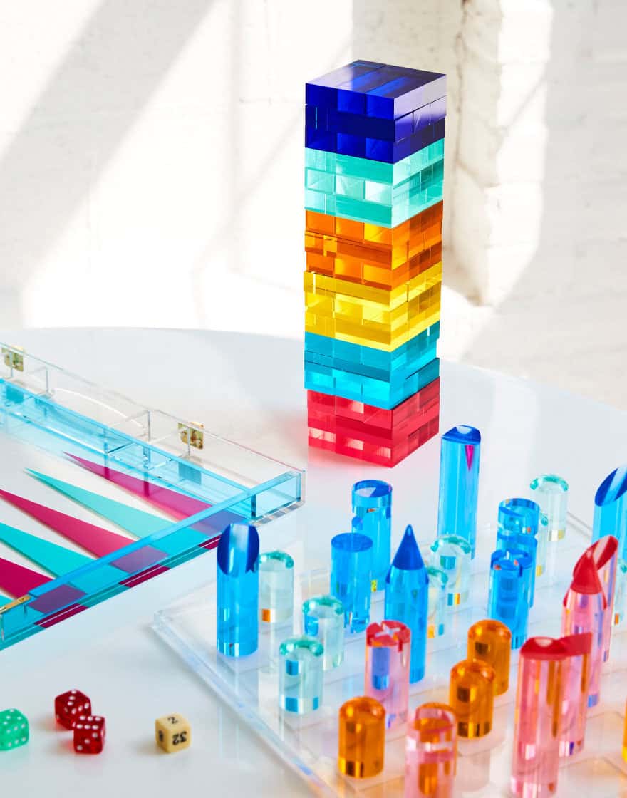 Detail of tabletop game made of brightly colored acrylic blocks